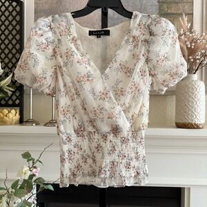 Feminine Floral Smocked Puff Sleeve Pink Sweetheart Peasant Vintage Romantic Top
